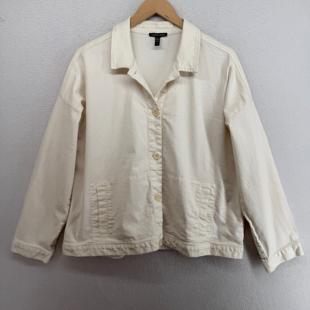 EILEEN FISHER Jacket L Organic Cotton Stretch Undyed Denim Chore Off White